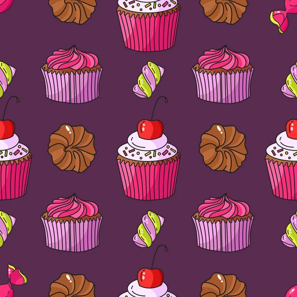 紫色の背景にベクトルシームレスなお菓子パターン カップケーキチョコレートマシュマロチェリー 生地や紙に印刷するのに最適です — ストックベクタ