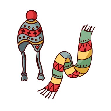 Şapka ve eşarp vektör çizimi. Klip sanatı. Çıkartma. Kağıt ve kumaş üzerine yazdırmak için uygun.