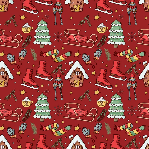 Зимний Бесшовный Рисунок Красном Фоне Коньки Шарф Сани Дерево Шляпа — стоковый вектор