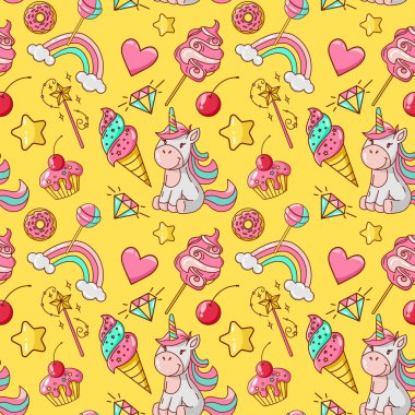 Tek boynuzlu at sarı desenli. Dondurma, çörek, lolipop, pamuk şeker, sihirli değnek, kek, elmas, gökkuşağı, yıldızlar, kalp. Duvar kağıdı, hediye kağıdı, kumaş, ambalaj kağıdı, yüzey tasarımı için harika.