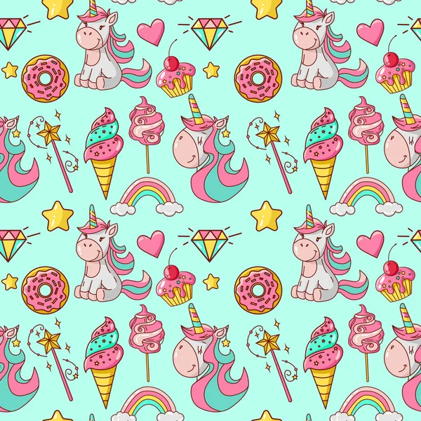 Unicorn seamless pattern. Ice cream, donut, lollipop, cotton candy, magic wand, cupcake, diamond, rainbow, stars, heart. Great for wallpaper, gift paper, fabric, wrapping paper, surface design