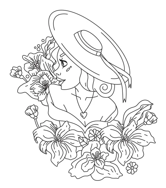 Färgläggning Sida Antistress Kvinna Hatt Med Bukett Blommor Ung Vacker — Stock vektor