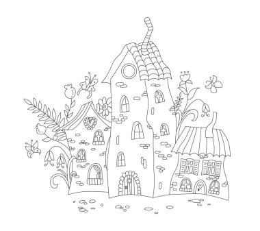 Çiçekli, yapraklı ve kelebekli peri evlerinin siyah beyaz temsili. Yetişkinler ve çocuklar için anti-stresi boyama eskizi. Güzel el yazısı boyama sayfası. Çizgi tasarımı.