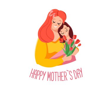 Kızına sarılan bir annenin vektör çizimi. Anneler Günün kutlu olsun. Tebrik Kartı.