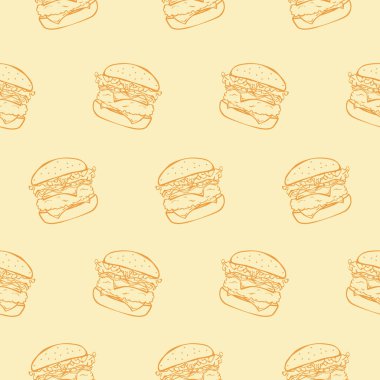 Vektör hamburger desenli, geçmişe dönük. Elle çizilmiş. Kumaş, kağıt ya da kafe menüsü arka planlarında yazdırmak için mükemmel.