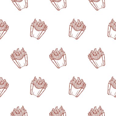 Patates kızartmasının vektör deseni retro tarzda. Elle çizilmiş. Fast food. Menü. Beyaz arkaplanda kahverengi elementler.