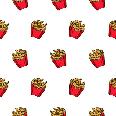 Beyaz arka planda patates kızartmasının vektör deseni. Elle çizilmiş. Fast food. Menü.