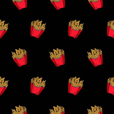 Siyah arka planda patates kızartmasının vektör deseni. Elle çizilmiş. Fast food. Menü.