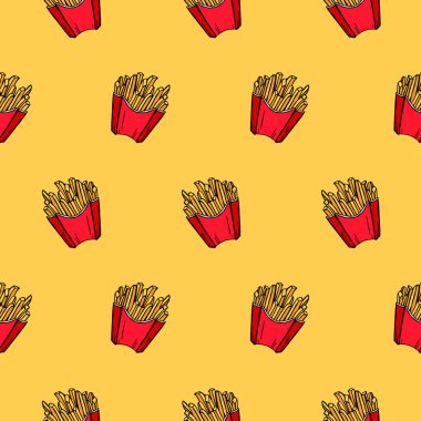 Sarı arka planda patates kızartmasının vektör deseni. Elle çizilmiş. Fast food. Menü.