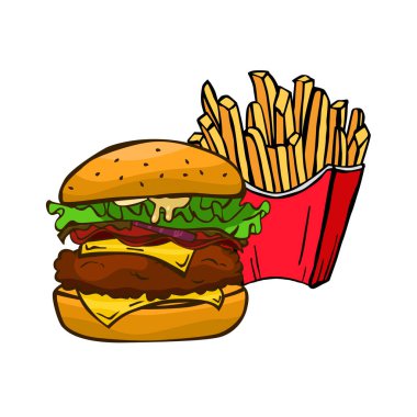Beyaz arka planda hamburger ve patates kızartmasının vektör çizimi. El çizimi. Fast food. Menü.