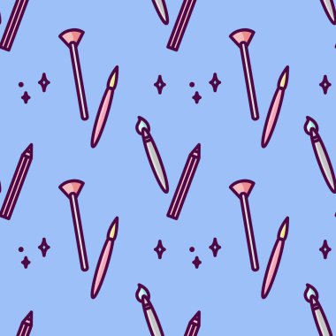 Mavi arka planda fırça ve kalemlerin vektörsüz deseni. Satır sanatı.