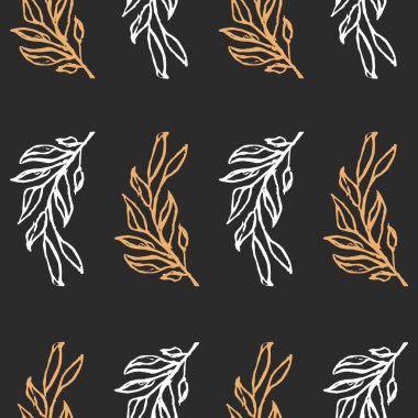 Yabani dal ve yapraklardan oluşan kusursuz bir desen. Koyu gri arka planda botanik geçmişi. Kumaş ve kağıda baskı yapmak için harika..