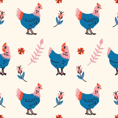 Pembe arka planda, tavuklar ve çiçek elementleriyle kusursuz bir desen. Vektör çizimi. Kumaş ya da kağıda yazdırmak için mükemmel.