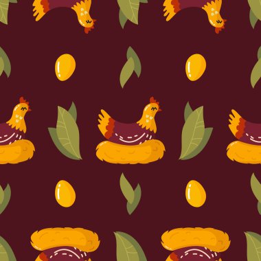 Çizgi filmdeki tavukların kusursuz desenleri bir yuvada oturur, yapraklar, karanlık bir arka planda yumurtalar..