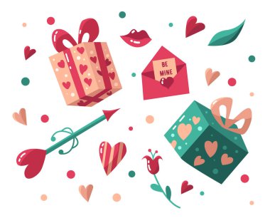 Bir dizi aşk çıkartması. Koleksiyon: kalp, dudaklar, zarf içinde bir mektup, aşk tanrısı oku, çiçek, hediyeler. Sevgililer günün kutlu olsun..