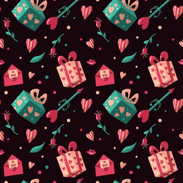 Valentines Day Seamless Pattern Dark Background Cute Gift Boxes Heart — Stock Vector