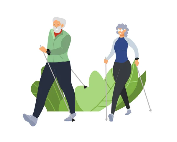 Vector Modern Illustration Old Mature People Engaged Outdoor Activities Nordic — Stock Vector