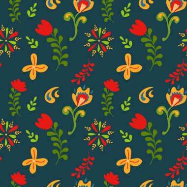 Mavi arka planda parlak bahar çiçekleri deseni. Kumaş, kağıt ve davetiye basmak için mükemmel. Vektör etnik geçmişi.