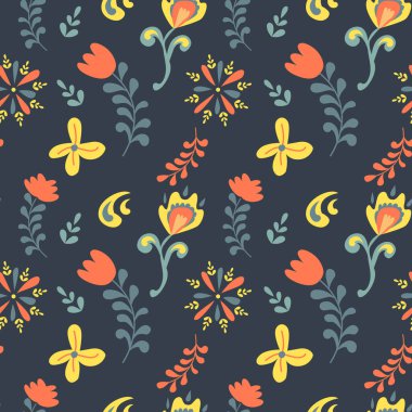 Çiçek desenli çiçek ve mavi arka planda yapraklar. Kumaş, kağıt ve davetiye basmak için mükemmel. Etnik arkaplan.