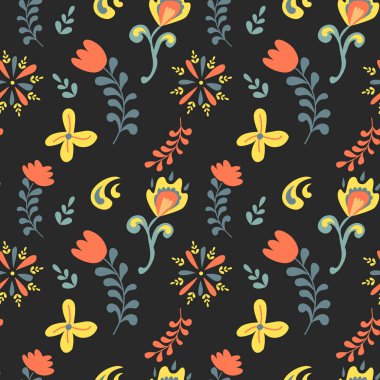 Çiçek desenli çiçek ve siyah arka planda yapraklar. Kumaş, kağıt ve davetiye basmak için mükemmel. Etnik arkaplan.