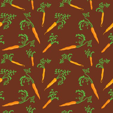 Kahverengi arka planda vektörsüz desenli havuç. Kumaş ve kağıt üzerine baskı yapmak için mükemmel..