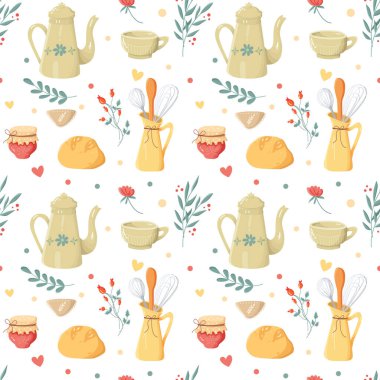 Beyaz arka planda vektör desensiz konforlu ev. Çaydanlık, bardak, reçel, ekmek, bez peçete, süt sürahisi, spatula, corolla, yapraklar, pastel renkli çiçekler..