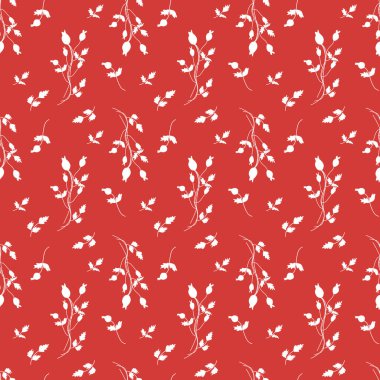 Kırmızı arkaplanda yabani gül yaprakları ve böğürtlen ve gül yapraklarıyla vektörsüz desen.