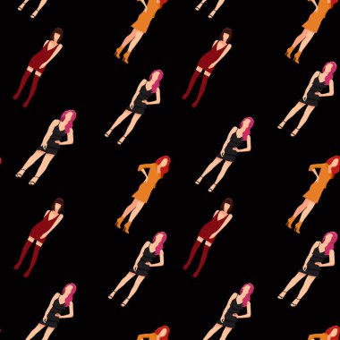 Siyah arka planda kadın figürleri olan kusursuz bir vektör modeli. Vektör tekstil tasarımı.