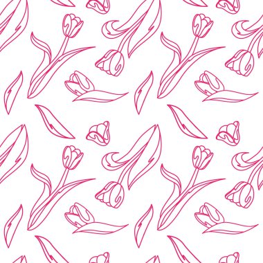 Pembe laleleri ve beyaz arkaplanda yaprakları olan kusursuz çiçek deseni..