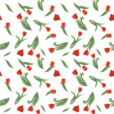 Kırmızı laleli ve beyaz arkaplanda yapraklı kusursuz çiçek deseni.