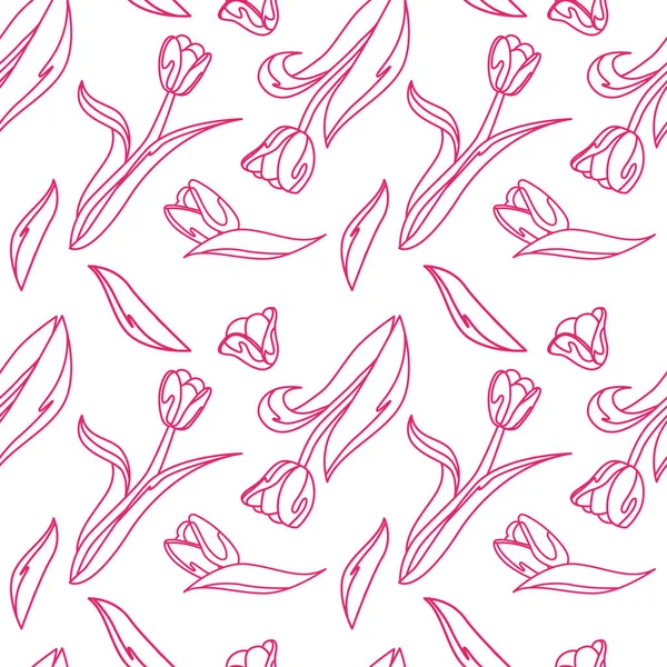 Векторный Бесшовный Цветочный Узор Розовыми Тюльпанами Листьями Белом Фоне — стоковый вектор