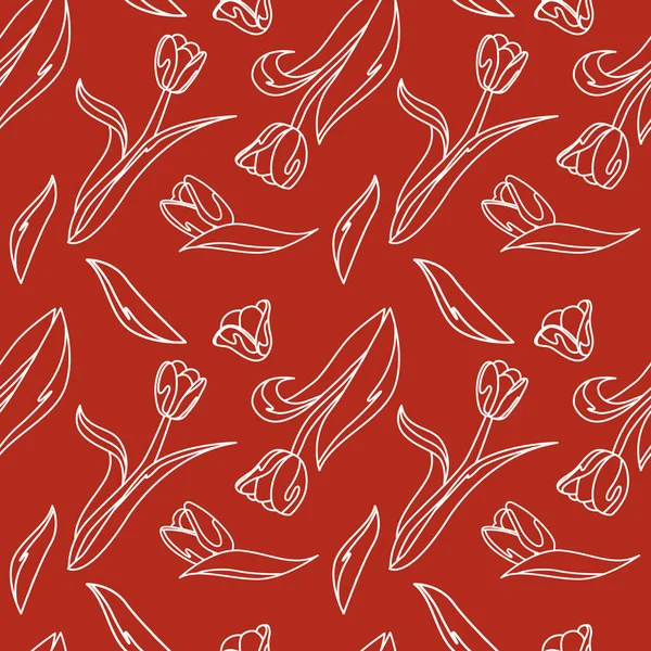 Vector Seamless Floral Pattern White Tulips Leaves Red Background Line — Stockvector