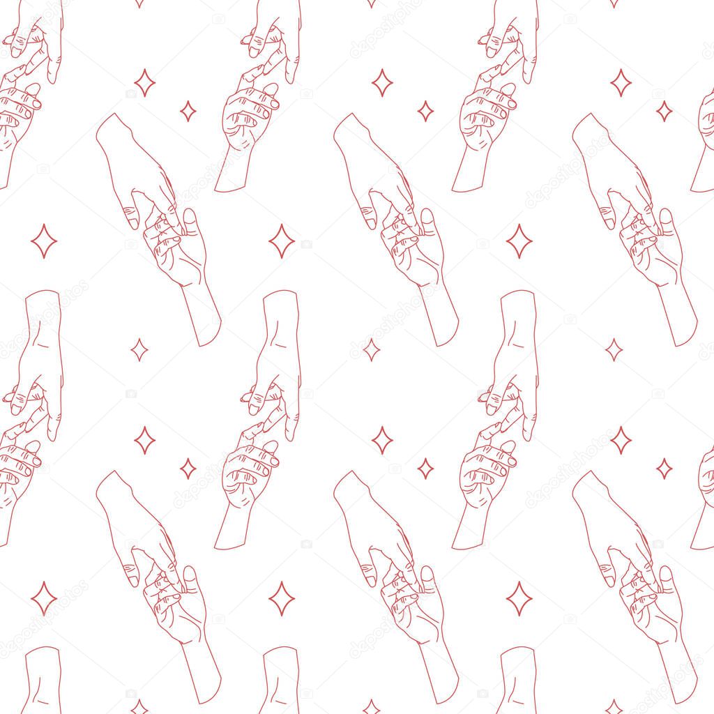 One line drawn holding hands. Vector seamless pattern on a white background.