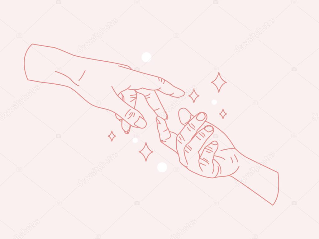 Vector illustration of hands touching with fingers. Line art. 