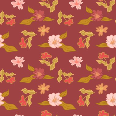 Burgundy arka planında vektör olarak kusursuz çiçek deseni. Pembe çiçekler. Tekstil tasarımı için mükemmel.