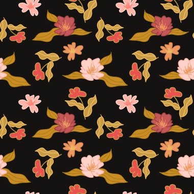 Siyah arka planda vektör şeklinde kusursuz çiçek deseni. Pembe çiçekler. Tekstil tasarımı için mükemmel.