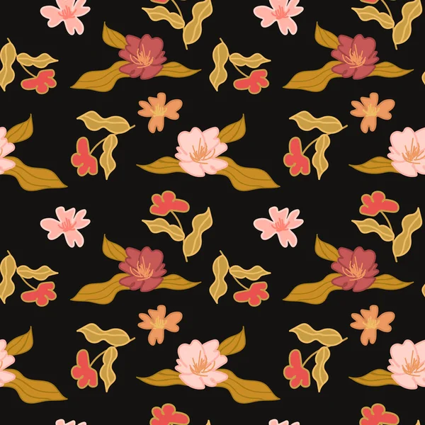 Sömlös Blommönster Vektor Svart Bakgrund Rosa Blommor Perfekt För Textildesign — Stock vektor