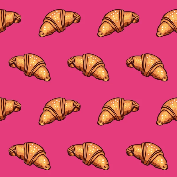 Motif Vectoriel Sans Couture Croissant Frais Savoureux Sur Fond Rose — Image vectorielle