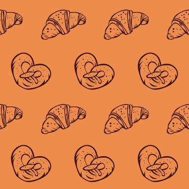 Turuncu arka planda taze ve lezzetli kruvasan ve kraker deseni..