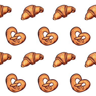 Beyaz arka planda taze ve lezzetli kruvasan ve kraker desenleri var..