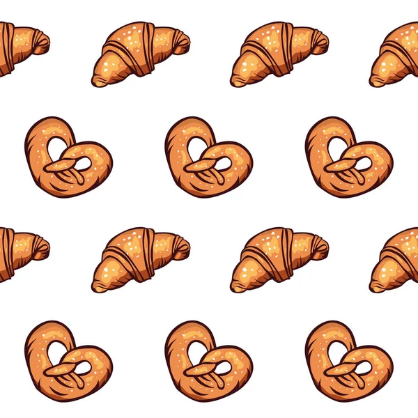 Patrón Sin Costura Vectorial Croissant Fresco Sabroso Pretzel Sobre Fondo — Archivo Imágenes Vectoriales