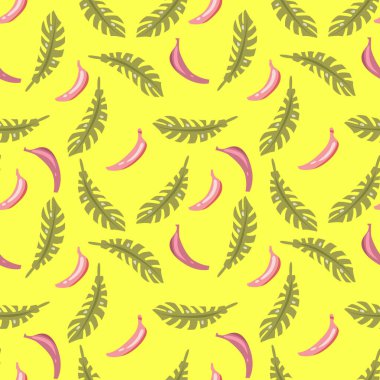 Sarı arka planda pembe muz ve yeşil yaprakların vektör deseni.