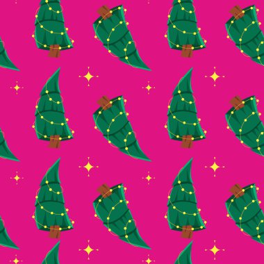 Vector seamless pattern Christmas tree on pink. Merry Christmas and Happy New Year background.