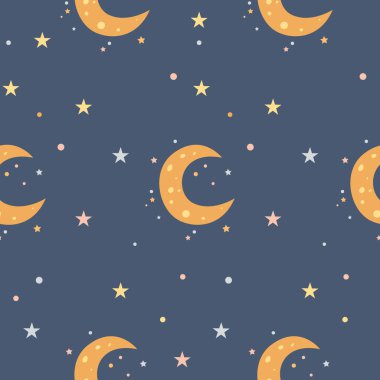 Ay ve yıldızların koyu mavi arka planda olduğu çocuk çizgi filmleri. Kumaş, ambalaj kağıdı, duvar kâğıdı, bebek kıyafetleri bastırmak için mükemmel..