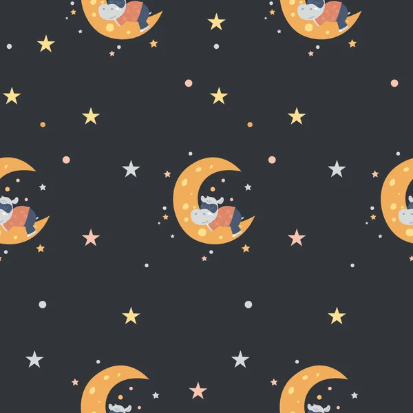 Dětský Kreslený Bezproblémový Vzor Malého Hrocha Spícího Měsíci Černém Pozadí — Stockový vektor