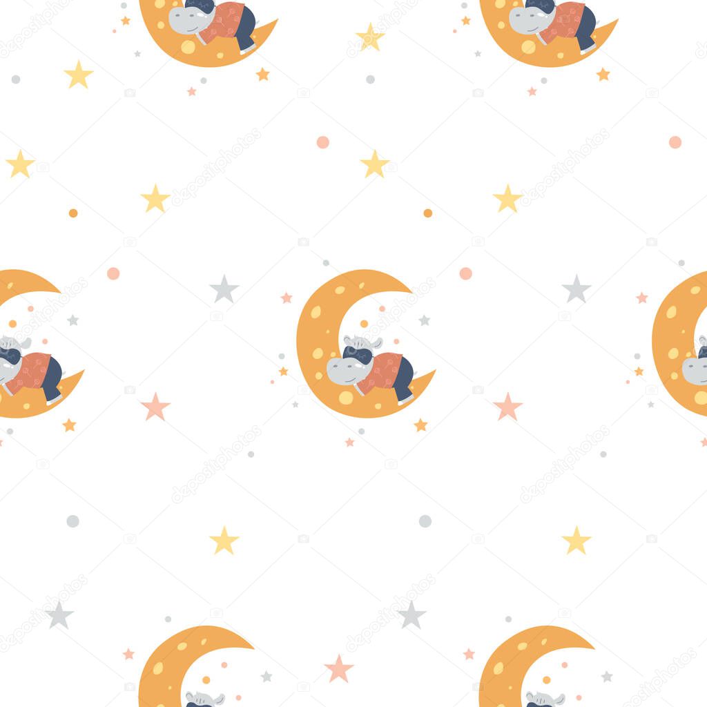 Childrens cartoon seamless pattern of a little hippopotamus sleeping on the moon on a white background. Perfect for printing on fabric, wrapped paper, wallpaper, nursery clothing.