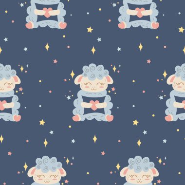 Küçük şirin bir koyunun kusursuz çizgi filmi koyu mavi arka planda bir yastığa sarılıyor. Kumaş, ambalaj kağıdı, duvar kâğıdı, bebek kıyafetleri bastırmak için mükemmel..