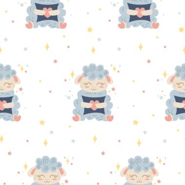 Küçük şirin bir koyunun kusursuz çizgi filmi beyaz arka planda yastığa sarılıyor. Kumaş, ambalaj kağıdı, duvar kâğıdı, bebek kıyafetleri bastırmak için mükemmel..