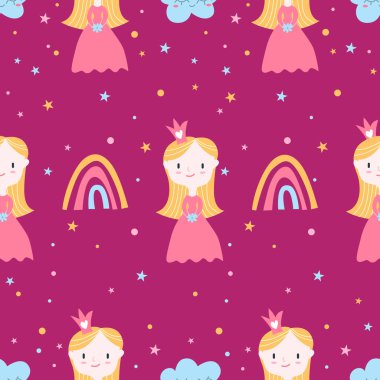 Pembe arka planda küçük prenses, gökkuşağı ve bulut olan kusursuz bir desen. Poster, kreş kıyafeti, kartpostal, parmak izi için mükemmel..
