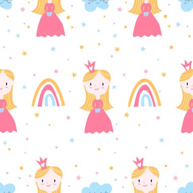 Beyaz arka planda küçük prenses, gökkuşağı ve bulut olan kusursuz bir desen. Poster, kreş kıyafeti, kartpostal, parmak izi için mükemmel..